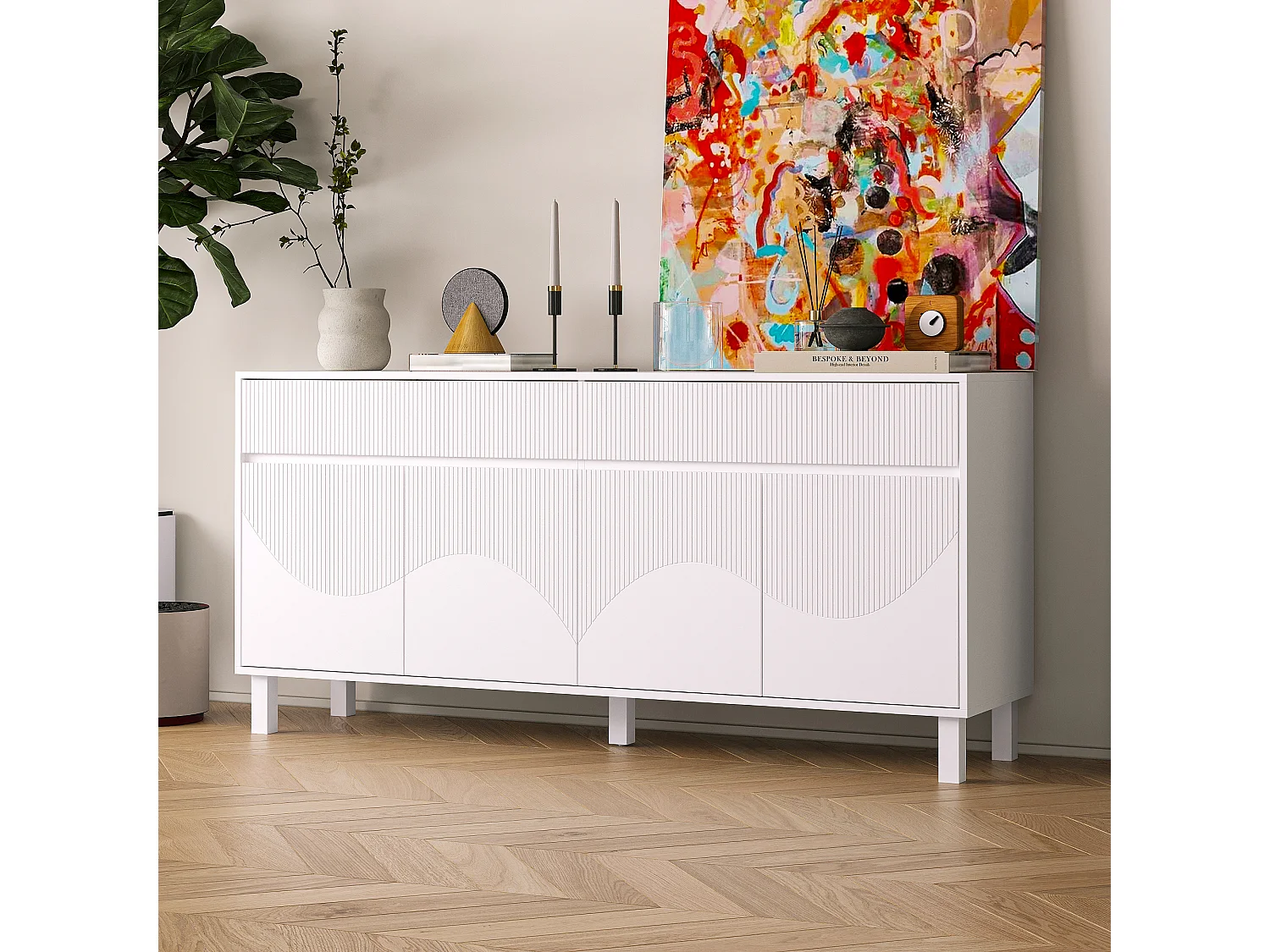 Buffet blanc avec surface à rayures verticales,2 tiroirs et 4 portes,pieds hauts,160x75x40cm,Cuisine,Salon,Chambre