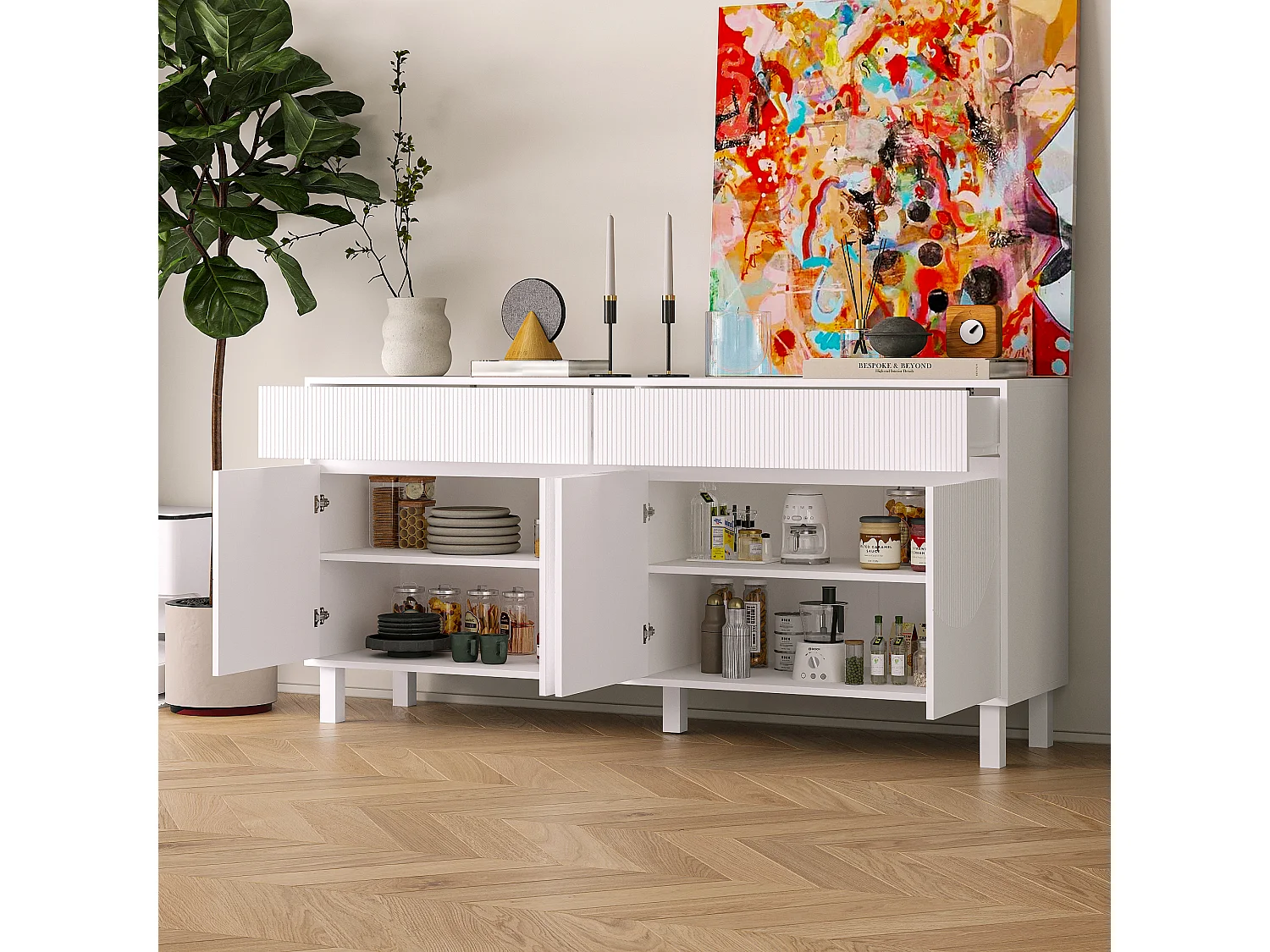 Buffet blanc avec surface à rayures verticales,2 tiroirs et 4 portes,pieds hauts,160x75x40cm,Cuisine,Salon,Chambre