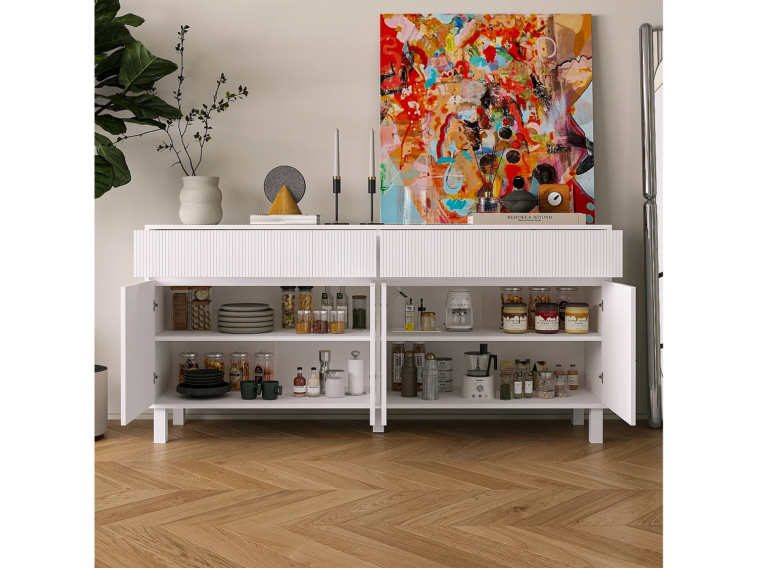 Buffet blanc avec surface à rayures verticales,2 tiroirs et 4 portes,pieds hauts,160x75x40cm,Cuisine,Salon,Chambre