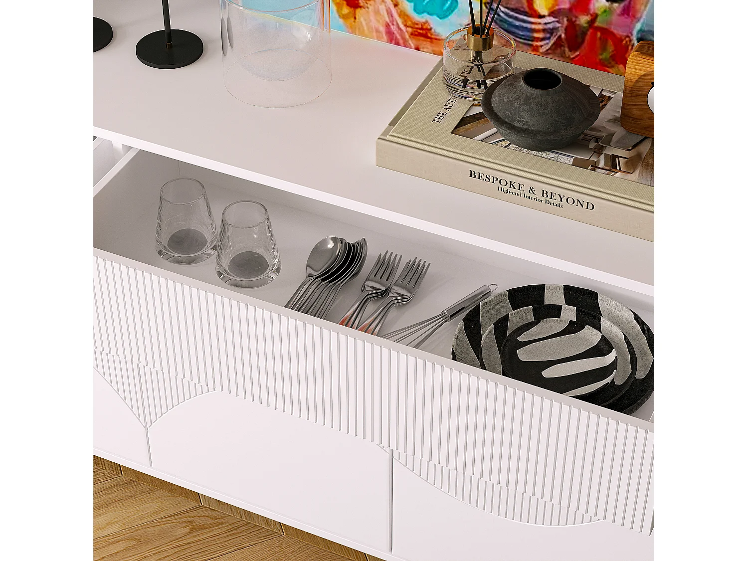 Buffet blanc avec surface à rayures verticales,2 tiroirs et 4 portes,pieds hauts,160x75x40cm,Cuisine,Salon,Chambre