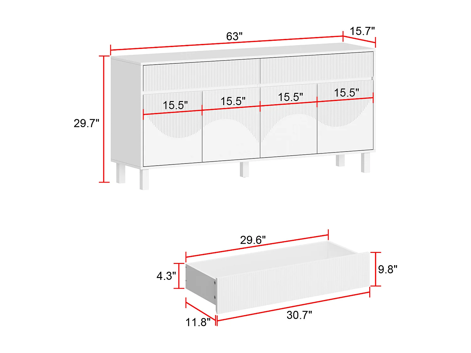 Buffet blanc avec surface à rayures verticales,2 tiroirs et 4 portes,pieds hauts,160x75x40cm,Cuisine,Salon,Chambre