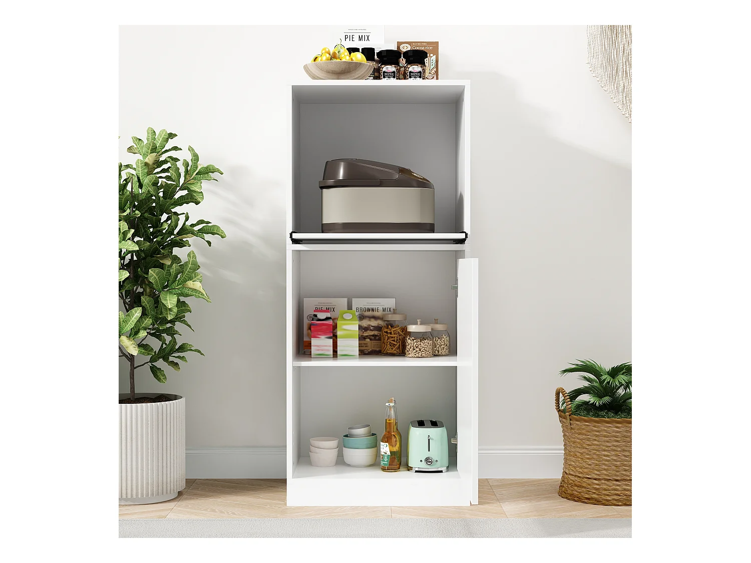 Petit buffet blanc,Espace ouvert,Porte à 2 étagères,pour vaisselle et ustensiles,116x50x40cm,Pratique et élégant