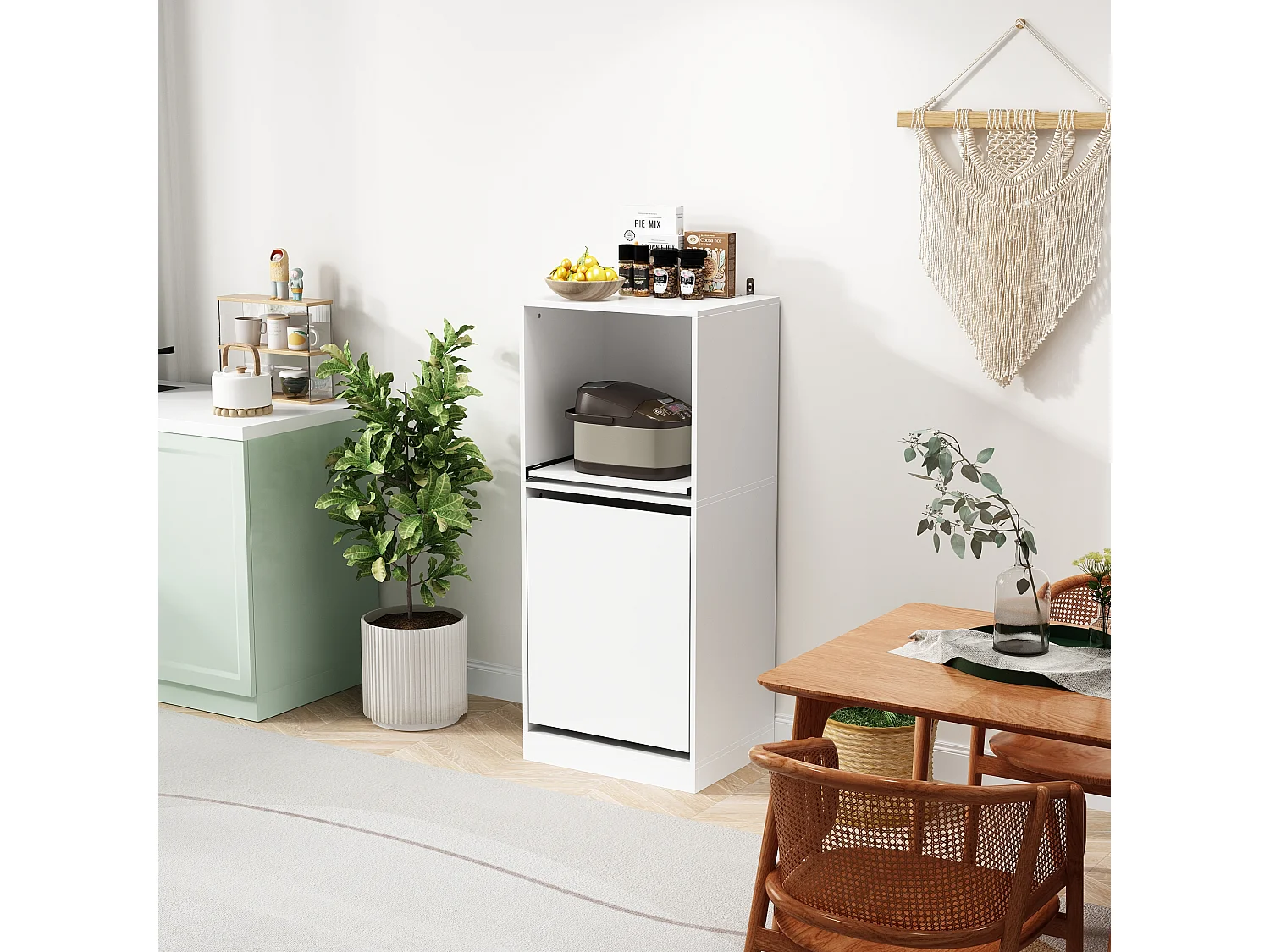 Petit buffet blanc,Espace ouvert,Porte à 2 étagères,pour vaisselle et ustensiles,116x50x40cm,Pratique et élégant