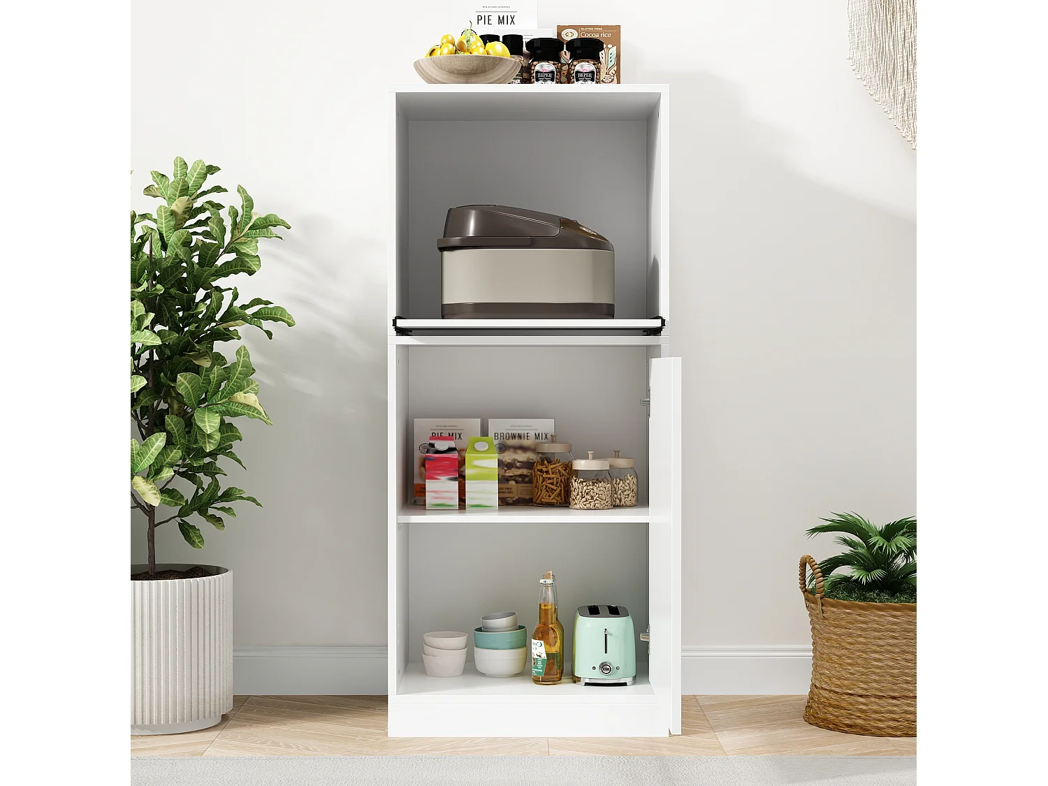 Petit buffet blanc,Espace ouvert,Porte à 2 étagères,pour vaisselle et ustensiles,116x50x40cm,Pratique et élégant