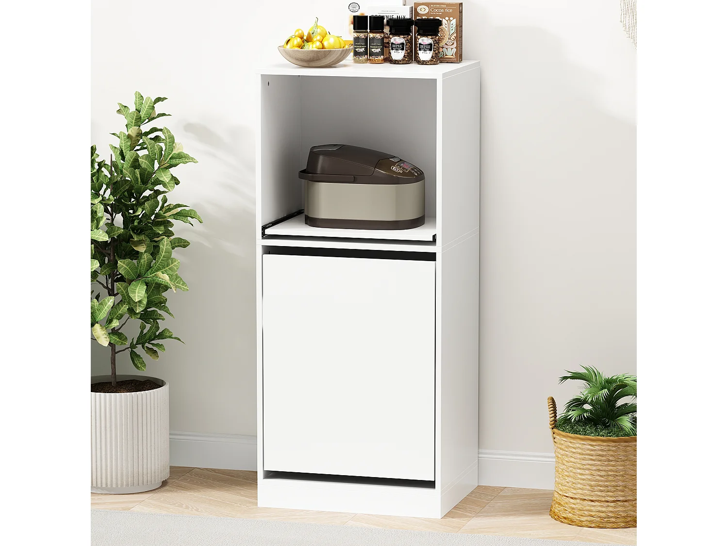 Petit buffet blanc,Espace ouvert,Porte à 2 étagères,pour vaisselle et ustensiles,116x50x40cm,Pratique et élégant