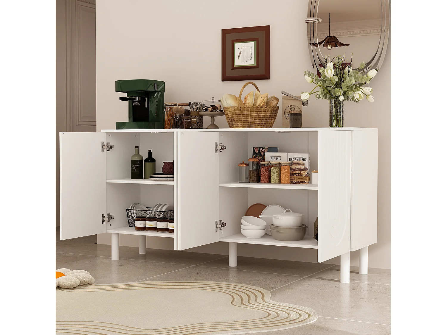 Buffet Bas avec 4 Portes et Pieds Hauts pour Salle à Manger, Meuble de Salon avec Façade Sculptée,160x40x80, Blanc