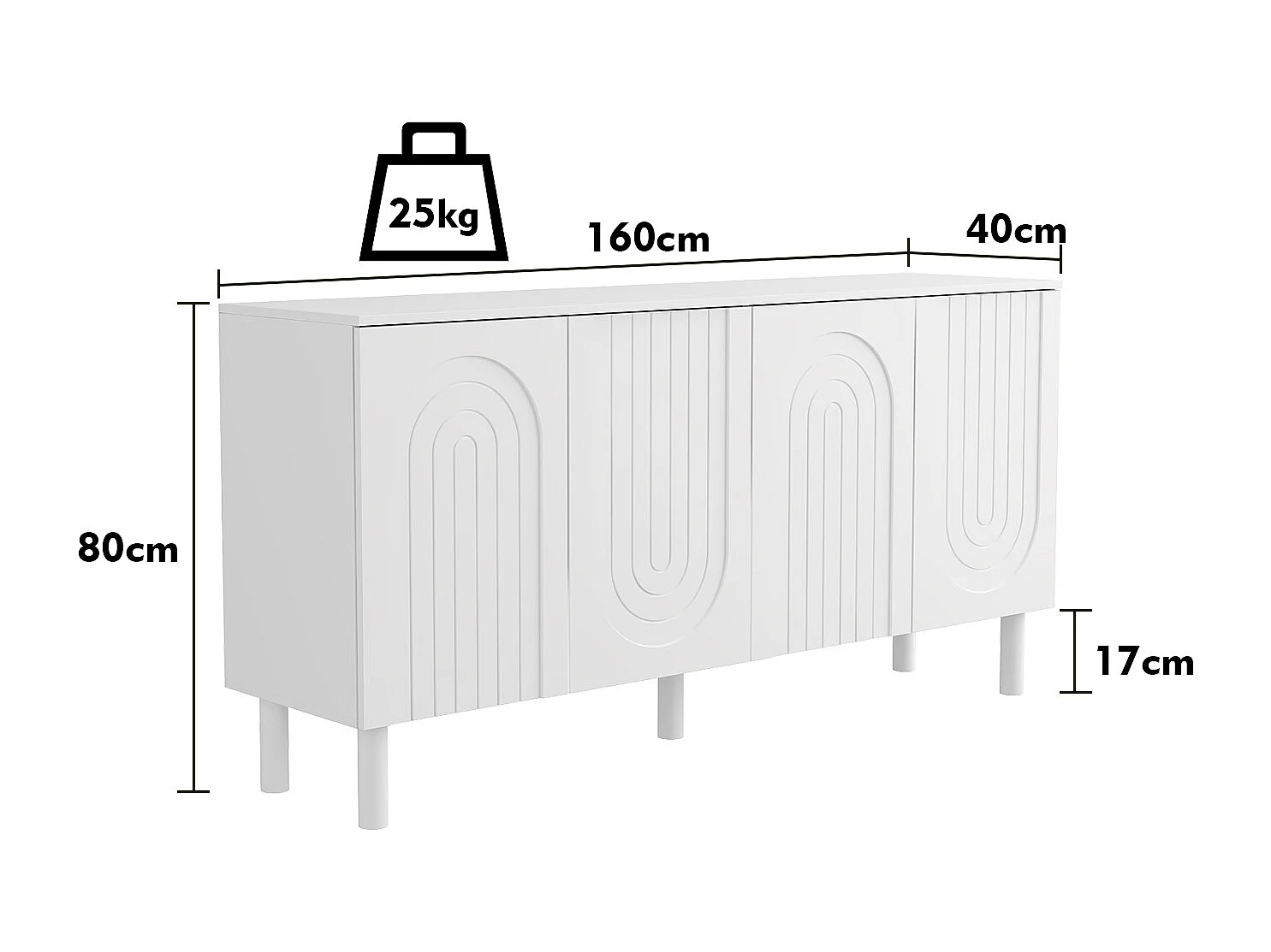 Buffet Bas avec 4 Portes et Pieds Hauts pour Salle à Manger, Meuble de Salon avec Façade Sculptée,160x40x80, Blanc