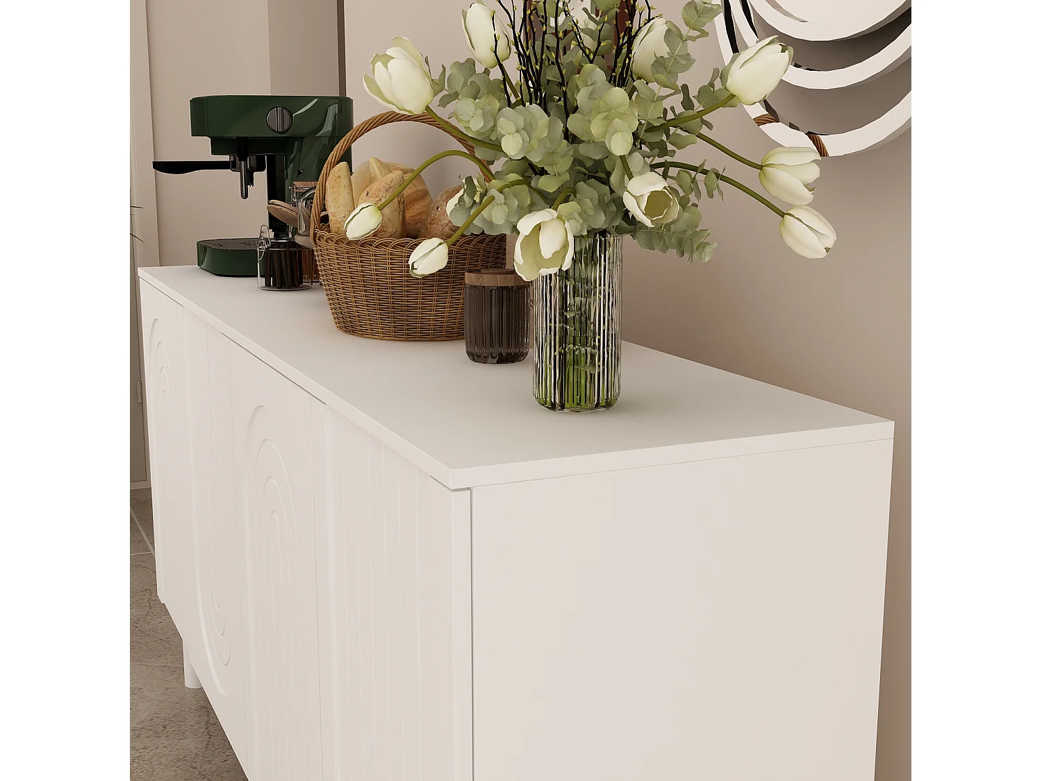 Buffet Bas avec 4 Portes et Pieds Hauts pour Salle à Manger, Meuble de Salon avec Façade Sculptée,160x40x80, Blanc