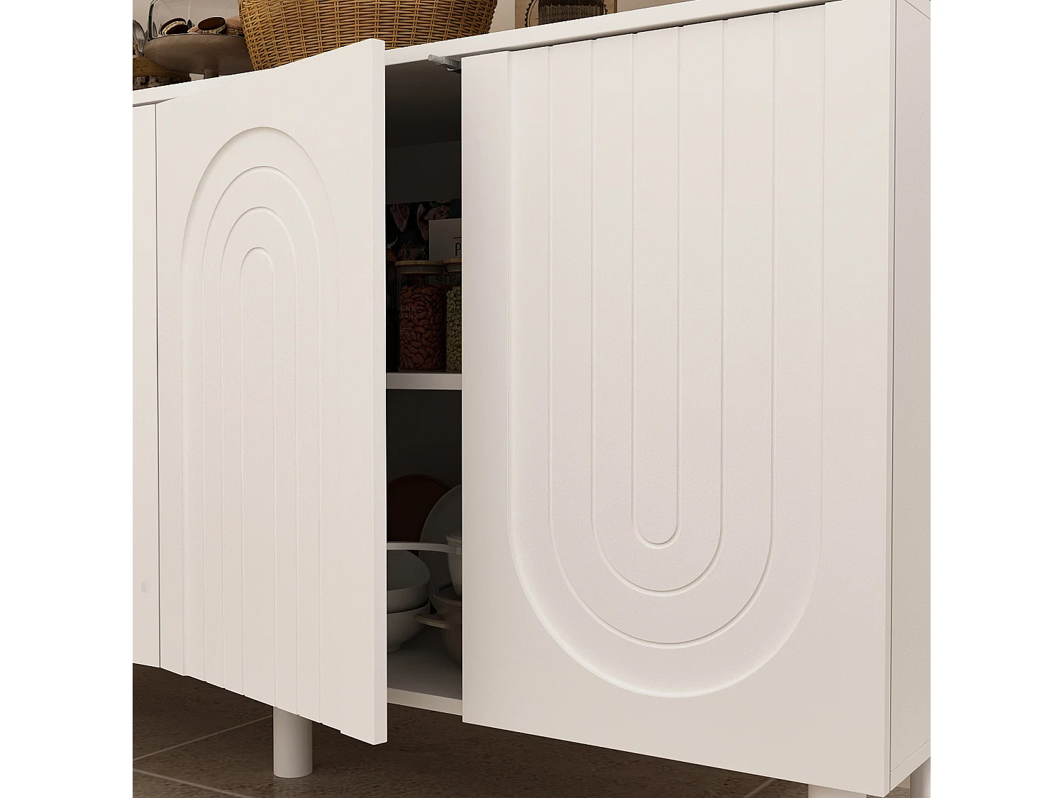 Buffet Bas avec 4 Portes et Pieds Hauts pour Salle à Manger, Meuble de Salon avec Façade Sculptée,160x40x80, Blanc