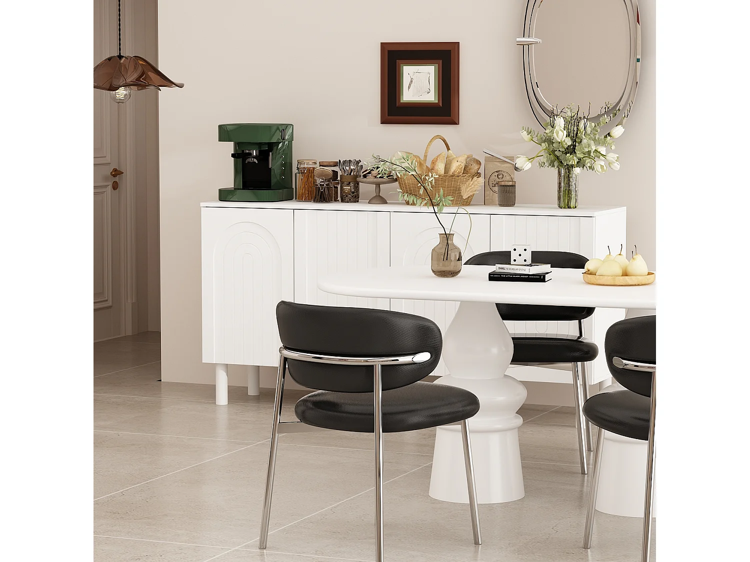 Buffet Bas avec 4 Portes et Pieds Hauts pour Salle à Manger, Meuble de Salon avec Façade Sculptée,160x40x80, Blanc