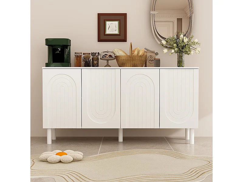 Buffet Bas avec 4 Portes et Pieds Hauts pour Salle à Manger, Meuble de Salon avec Façade Sculptée,160x40x80, Blanc