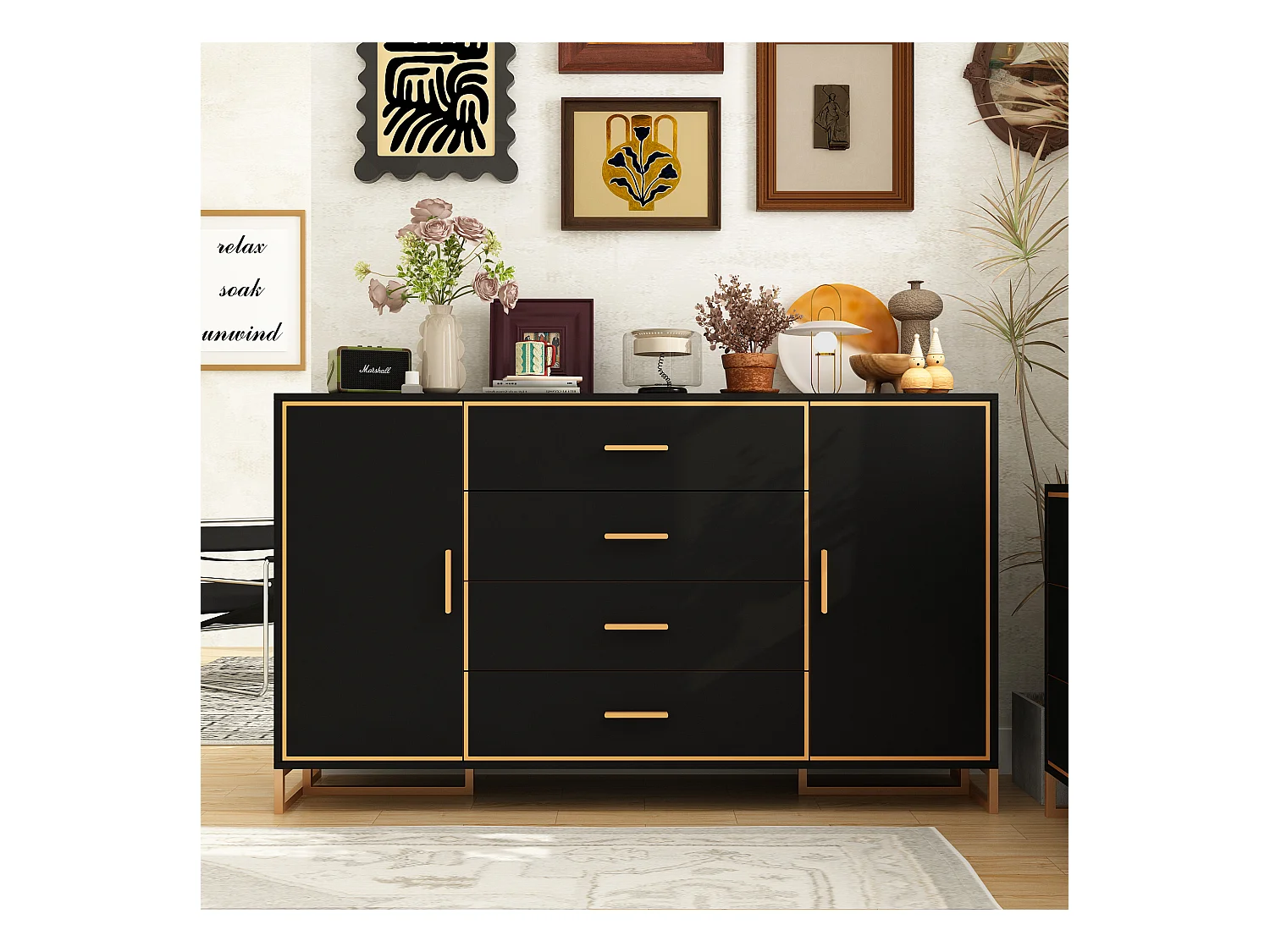Buffet de Salon avec 2 Portes et 4 Tiroirs, Meuble de Rangement avec Pieds Dorés en Métal pour Chambre, 160 x 40 x 93, Noir Brillant