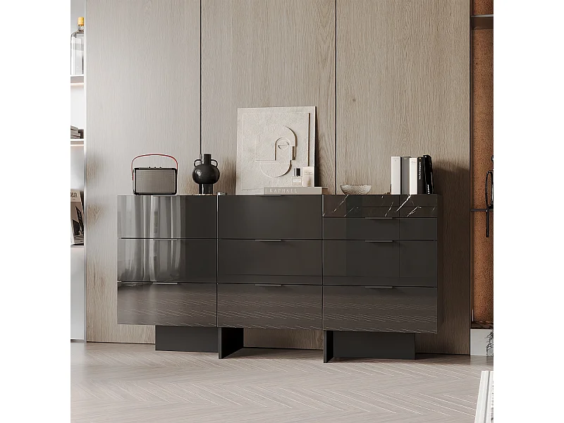 Commode Moderne avec 9 Tiroirs et Compartiment, Armoire avec pieds en forme de L, Chambre, 140 x 40 x 76, Noir Brillant