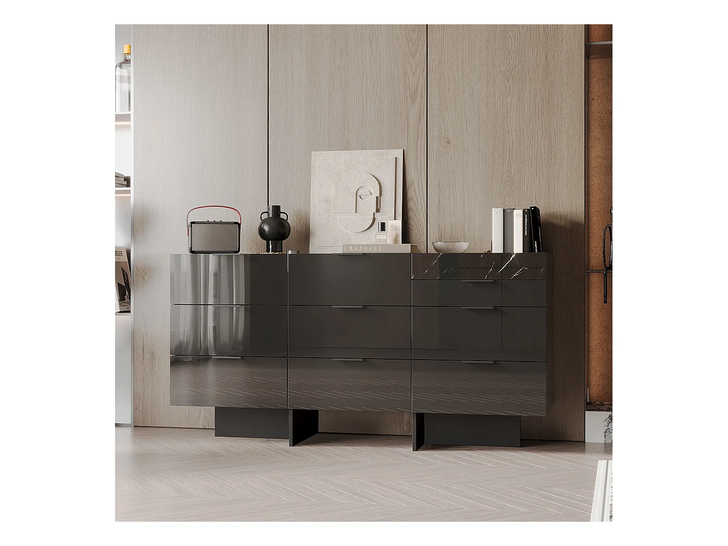 Commode Moderne avec 9 Tiroirs et Compartiment, Armoire avec pieds en forme de L, Chambre, 140 x 40 x 76, Noir Brillant