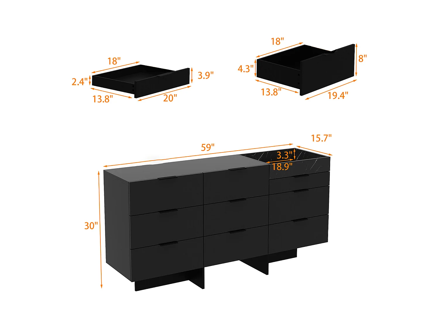 Commode Moderne avec 9 Tiroirs et Compartiment, Armoire avec pieds en forme de L, Chambre, 140 x 40 x 76, Noir Brillant