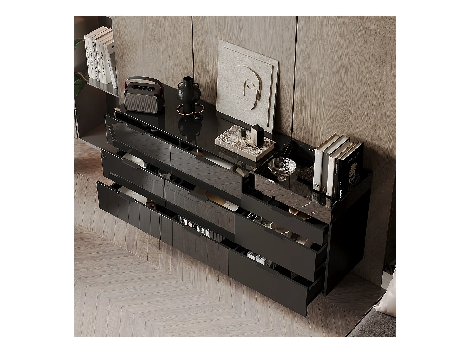 Commode Moderne avec 9 Tiroirs et Compartiment, Armoire avec pieds en forme de L, Chambre, 140 x 40 x 76, Noir Brillant