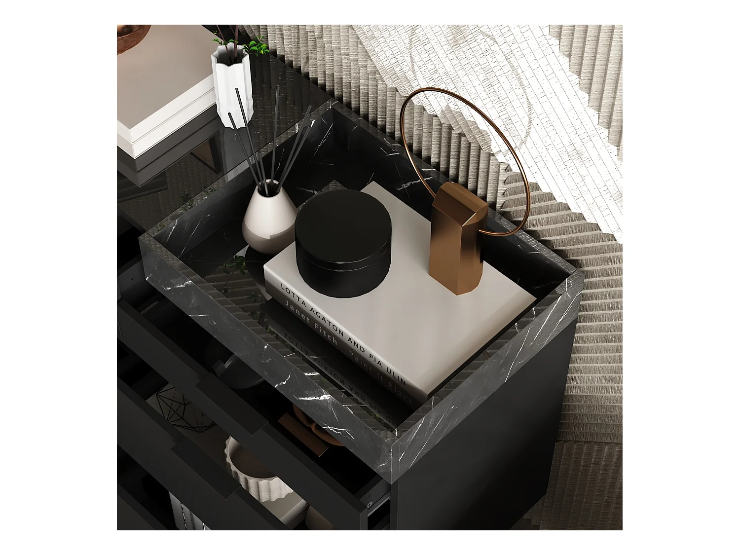 Commode Moderne avec 9 Tiroirs et Compartiment, Armoire avec pieds en forme de L, Chambre, 140 x 40 x 76, Noir Brillant