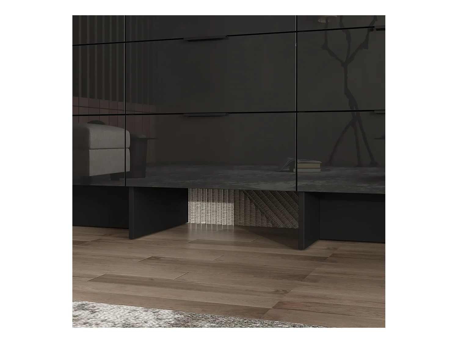 Commode Moderne avec 9 Tiroirs et Compartiment, Armoire avec pieds en forme de L, Chambre, 140 x 40 x 76, Noir Brillant