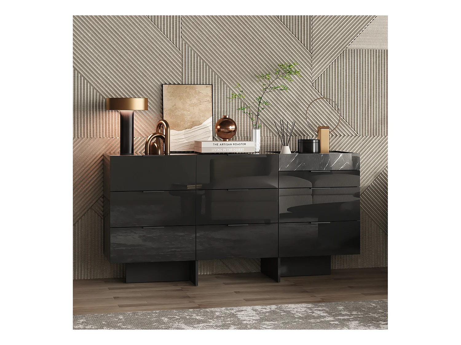 Commode Moderne avec 9 Tiroirs et Compartiment, Armoire avec pieds en forme de L, Chambre, 140 x 40 x 76, Noir Brillant