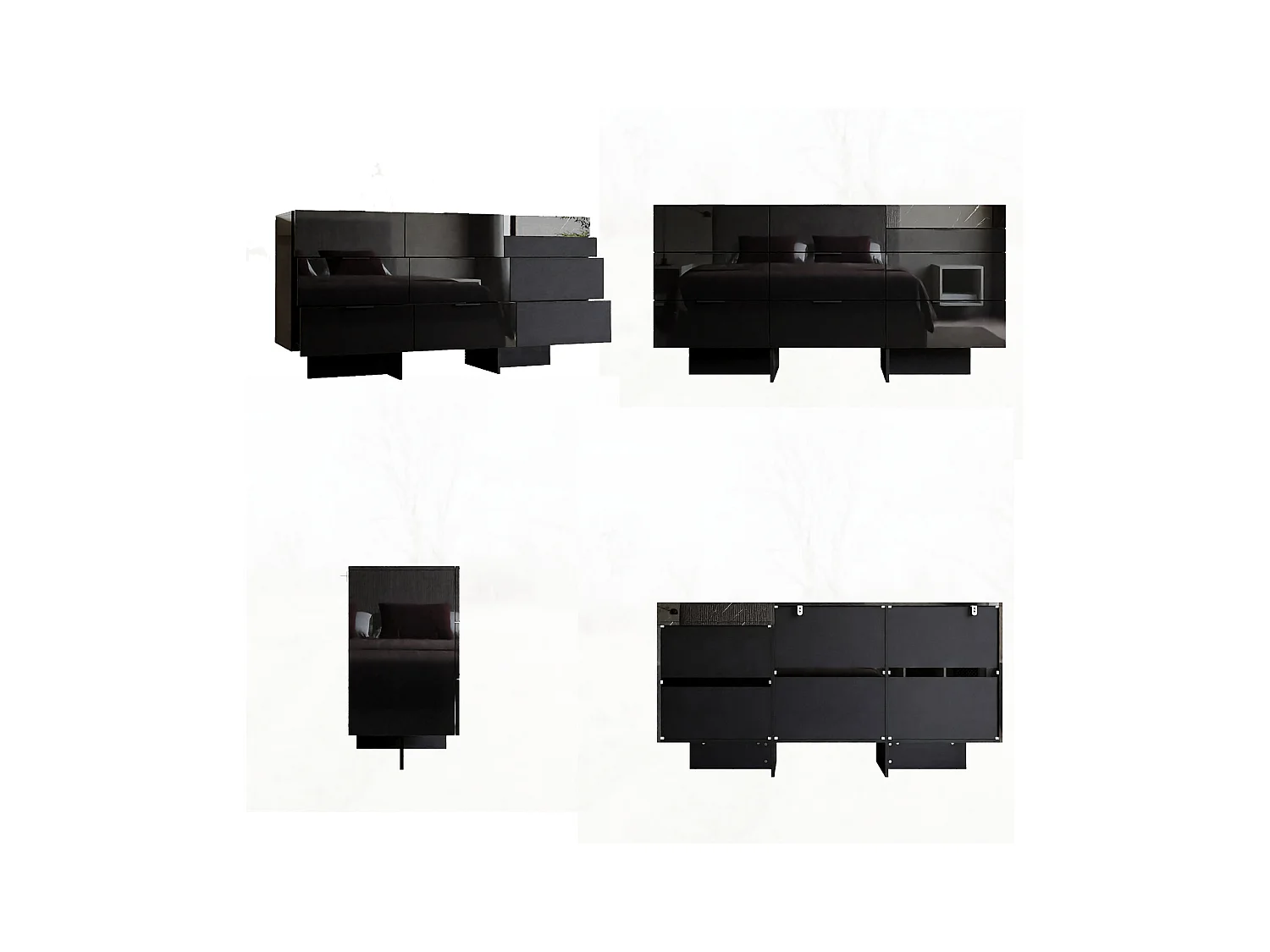 Commode Moderne avec 9 Tiroirs et Compartiment, Armoire avec pieds en forme de L, Chambre, 140 x 40 x 76, Noir Brillant