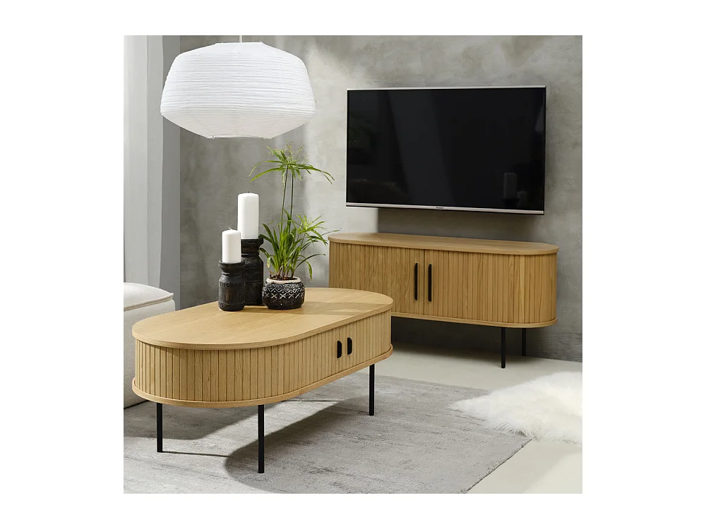 Alicia - Table basse 2 portes aux angles arrondis en bois et métal - Bois clair