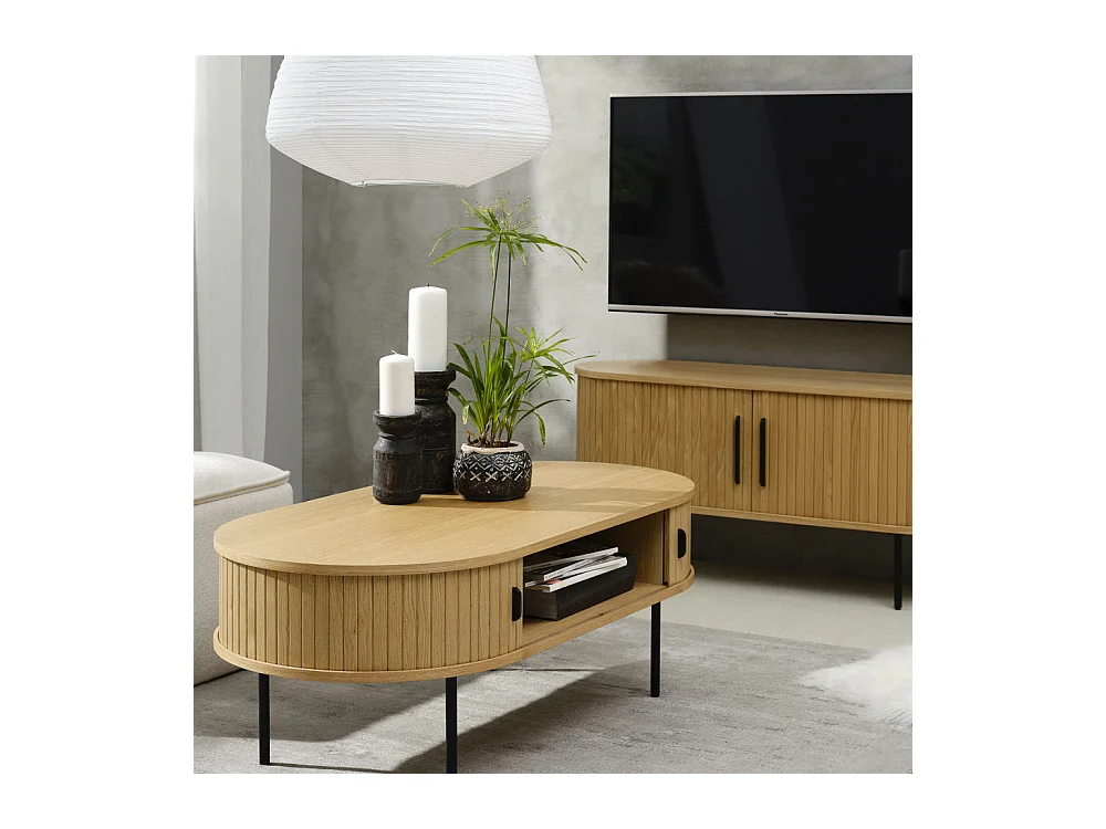 Alicia - Table basse 2 portes aux angles arrondis en bois et métal - Bois clair