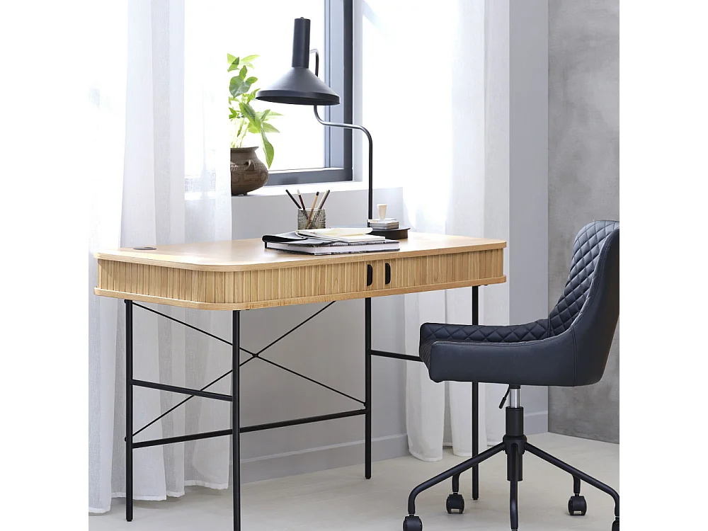 Alicia - Bureau 2 portes aux angles arrondis en bois et métal L120cm - Bois clair