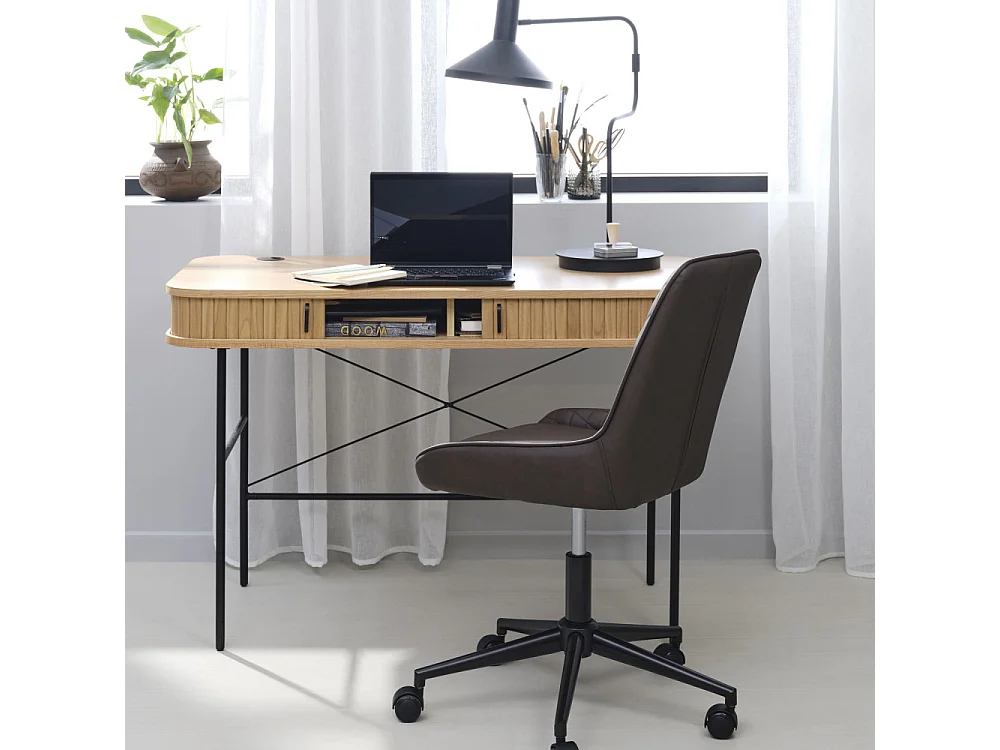 Alicia - Bureau 2 portes aux angles arrondis en bois et métal L120cm - Bois clair