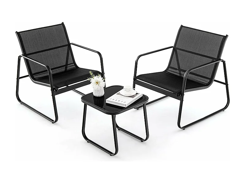 3-delige tuinmeubelset, balkonset met 2 stoelen en tafel, balkonmeubels, terrasmeubels, tuingarnituur, zitgroep voor terras, balkon, tuin (zwart) ZB34446