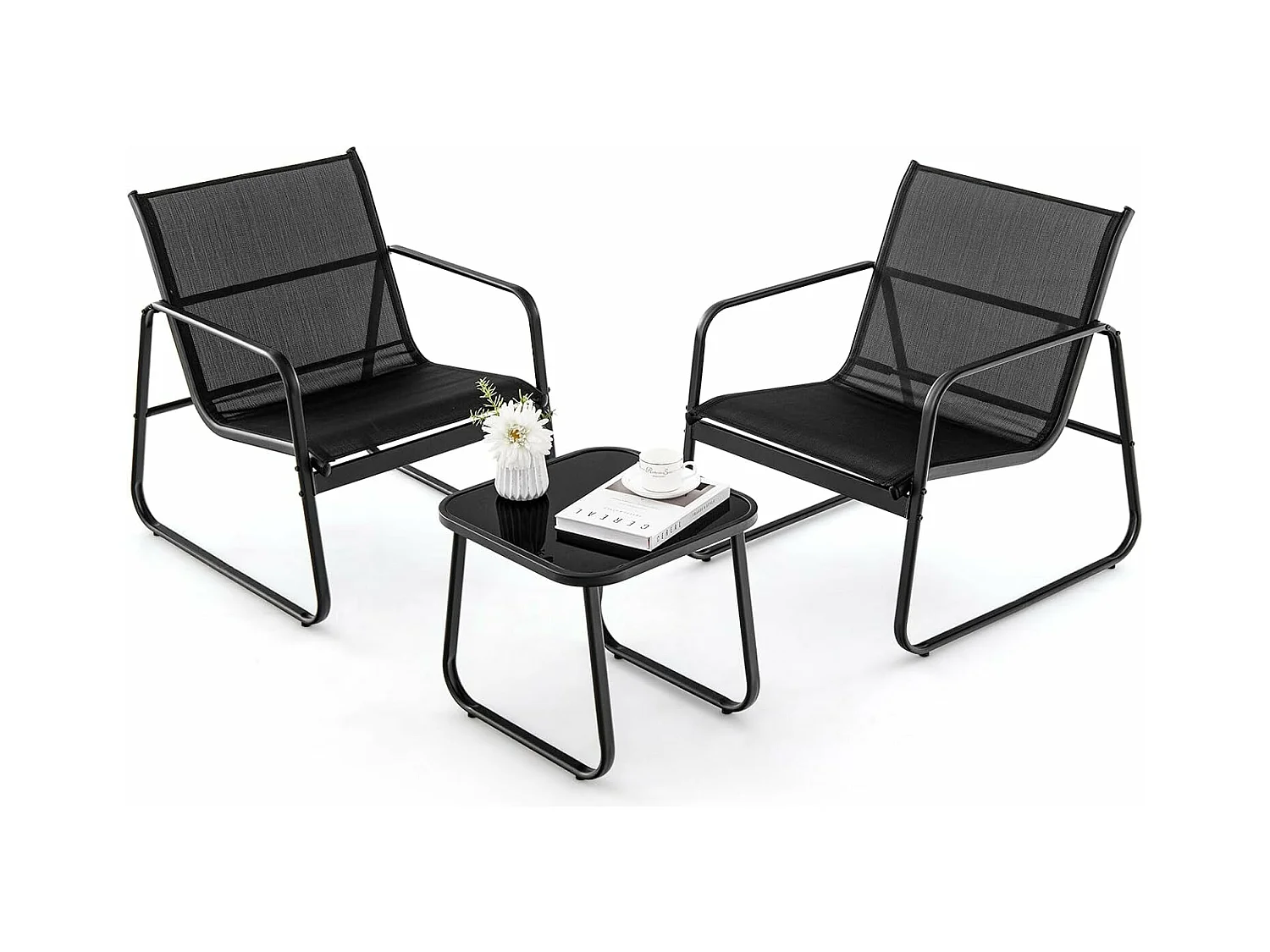 3-delige tuinmeubelset, balkonset met 2 stoelen en tafel, balkonmeubels, terrasmeubels, tuingarnituur, zitgroep voor terras, balkon, tuin (zwart) ZB34446