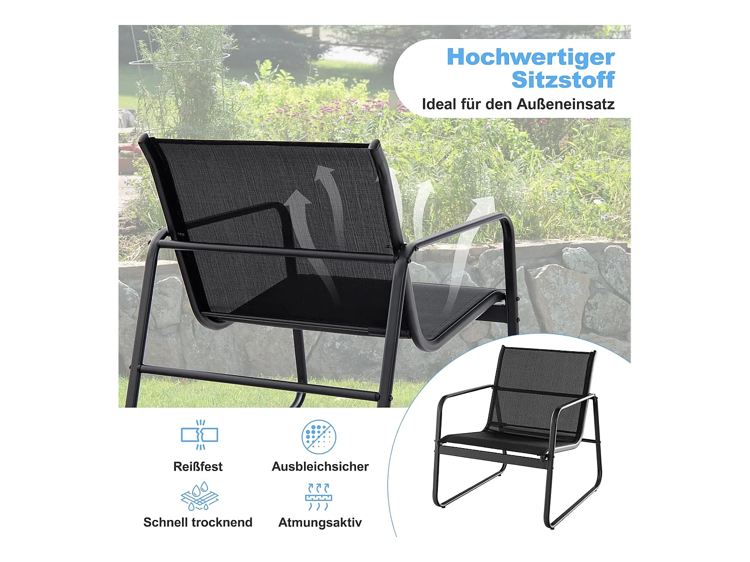 3-delige tuinmeubelset, balkonset met 2 stoelen en tafel, balkonmeubels, terrasmeubels, tuingarnituur, zitgroep voor terras, balkon, tuin (zwart) ZB34446