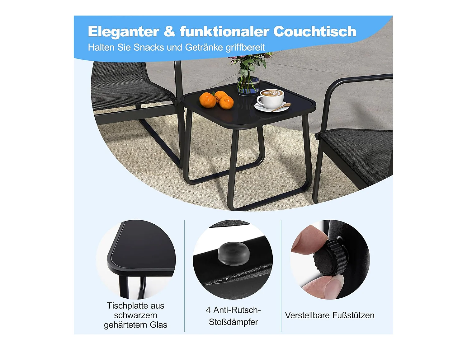 3-delige tuinmeubelset, balkonset met 2 stoelen en tafel, balkonmeubels, terrasmeubels, tuingarnituur, zitgroep voor terras, balkon, tuin (zwart) ZB34446