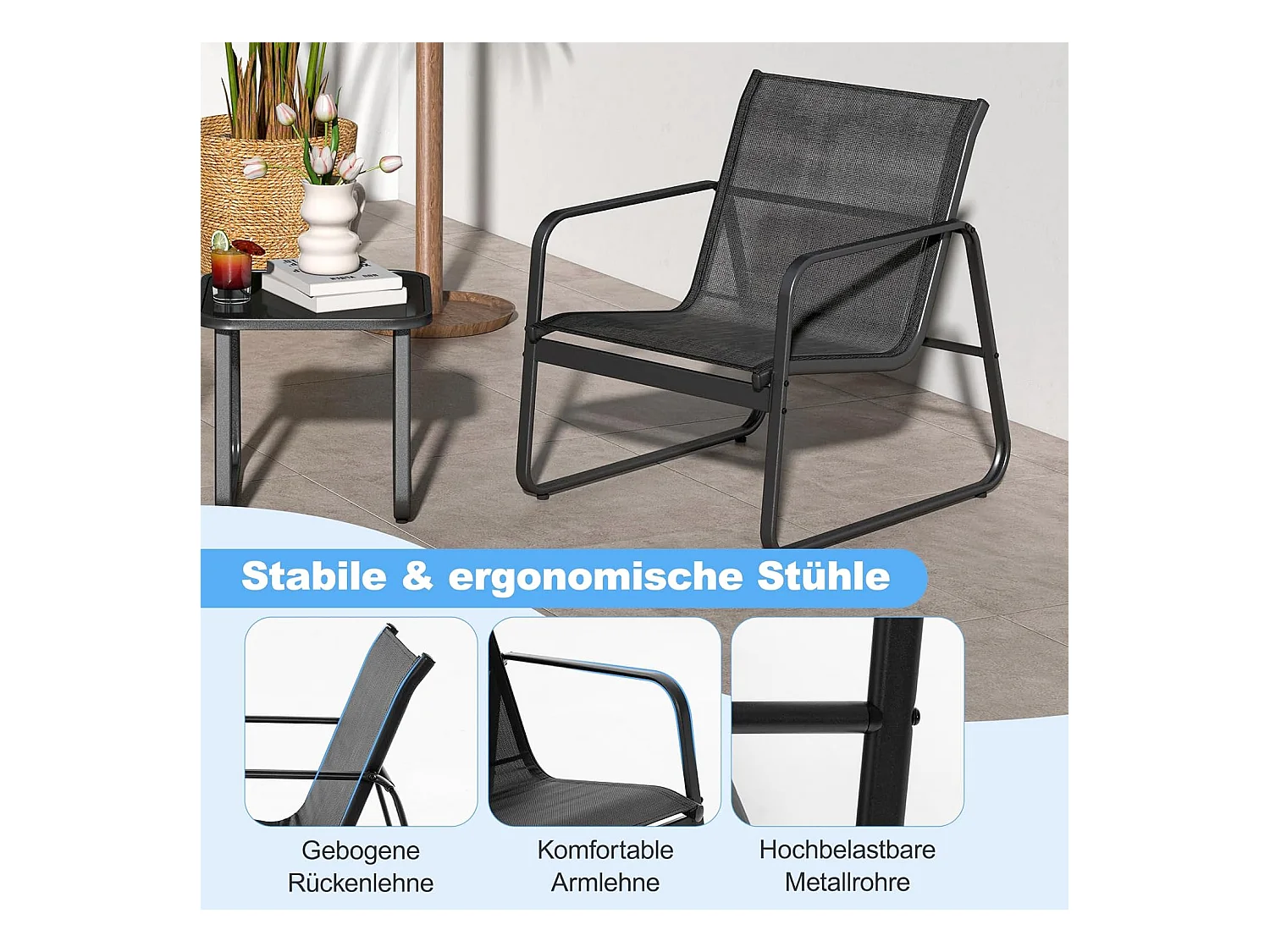 3-delige tuinmeubelset, balkonset met 2 stoelen en tafel, balkonmeubels, terrasmeubels, tuingarnituur, zitgroep voor terras, balkon, tuin (zwart) ZB34446