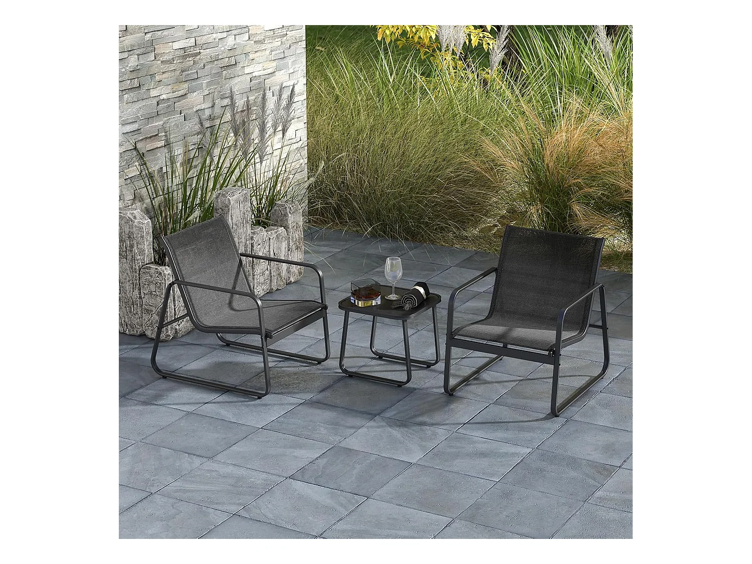 3-delige tuinmeubelset, balkonset met 2 stoelen en tafel, balkonmeubels, terrasmeubels, tuingarnituur, zitgroep voor terras, balkon, tuin (zwart) ZB34446