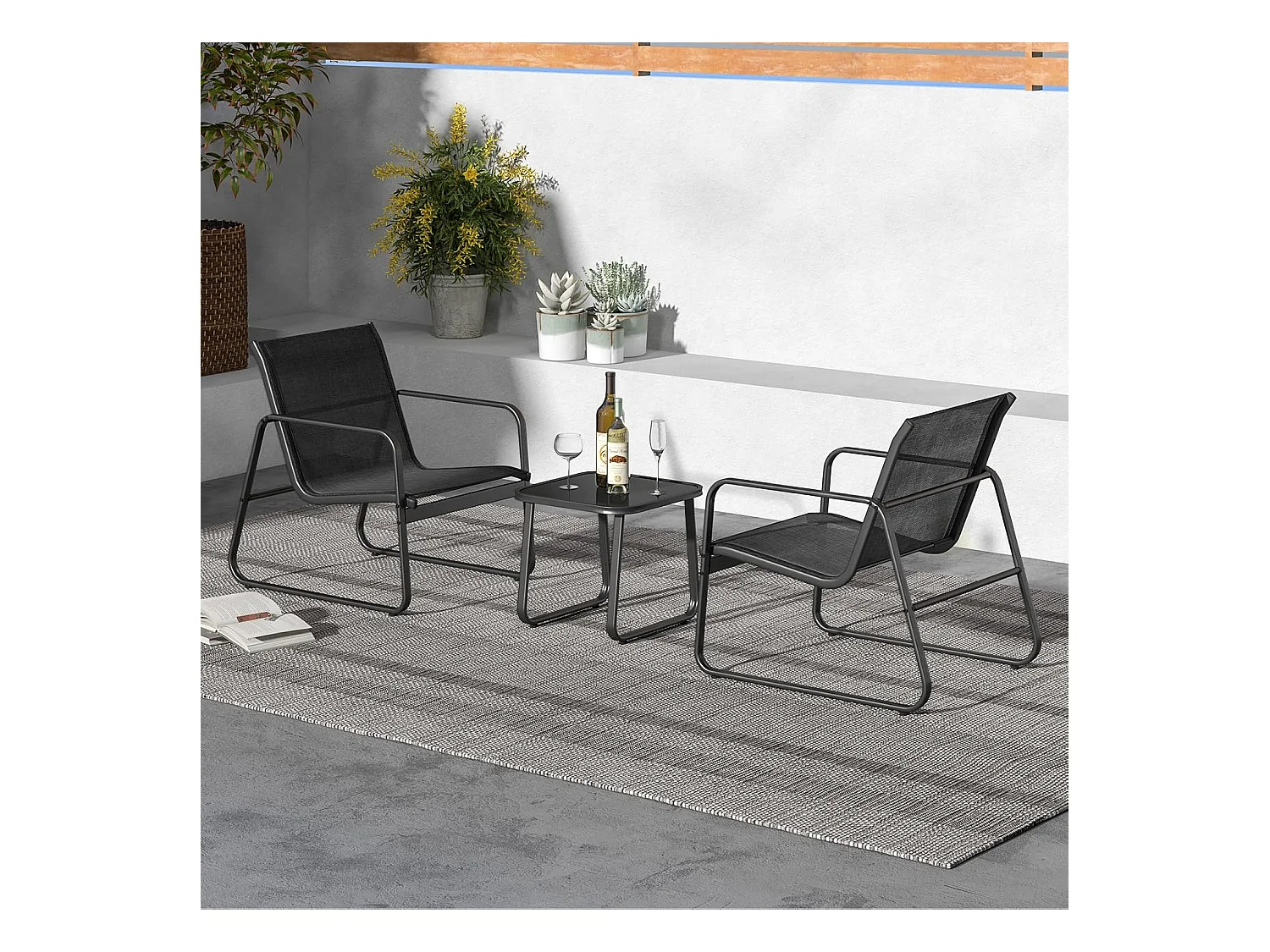 3-delige tuinmeubelset, balkonset met 2 stoelen en tafel, balkonmeubels, terrasmeubels, tuingarnituur, zitgroep voor terras, balkon, tuin (zwart) ZB34446