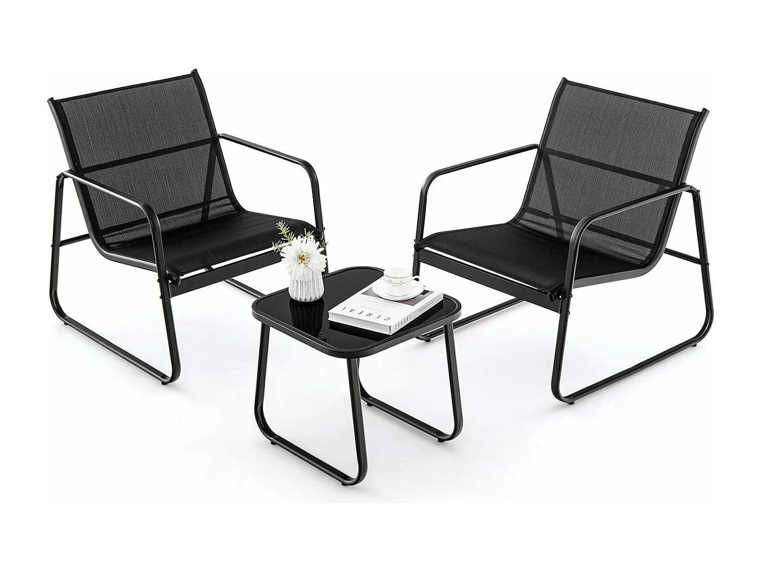 3-delige tuinmeubelset, balkonset met 2 stoelen en tafel, balkonmeubels, terrasmeubels, tuingarnituur, zitgroep voor terras, balkon, tuin (zwart) ZB34446