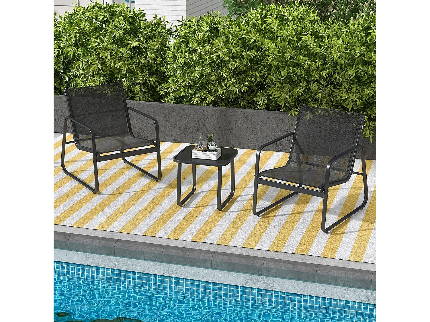 3-delige tuinmeubelset, balkonset met 2 stoelen en tafel, balkonmeubels, terrasmeubels, tuingarnituur, zitgroep voor terras, balkon, tuin (zwart) ZB34446