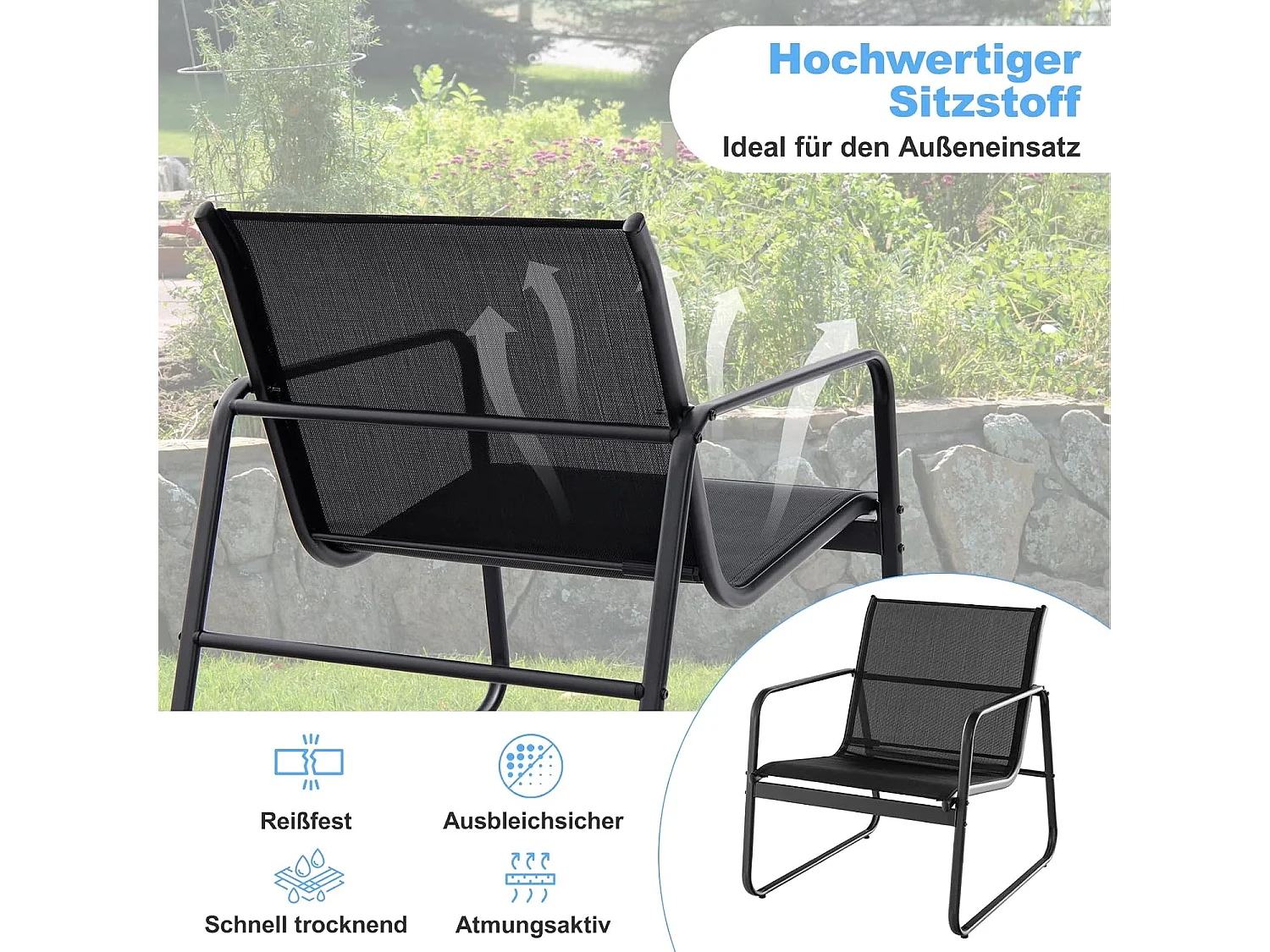 3-delige tuinmeubelset, balkonset met 2 stoelen en tafel, balkonmeubels, terrasmeubels, tuingarnituur, zitgroep voor terras, balkon, tuin (zwart) ZB34446