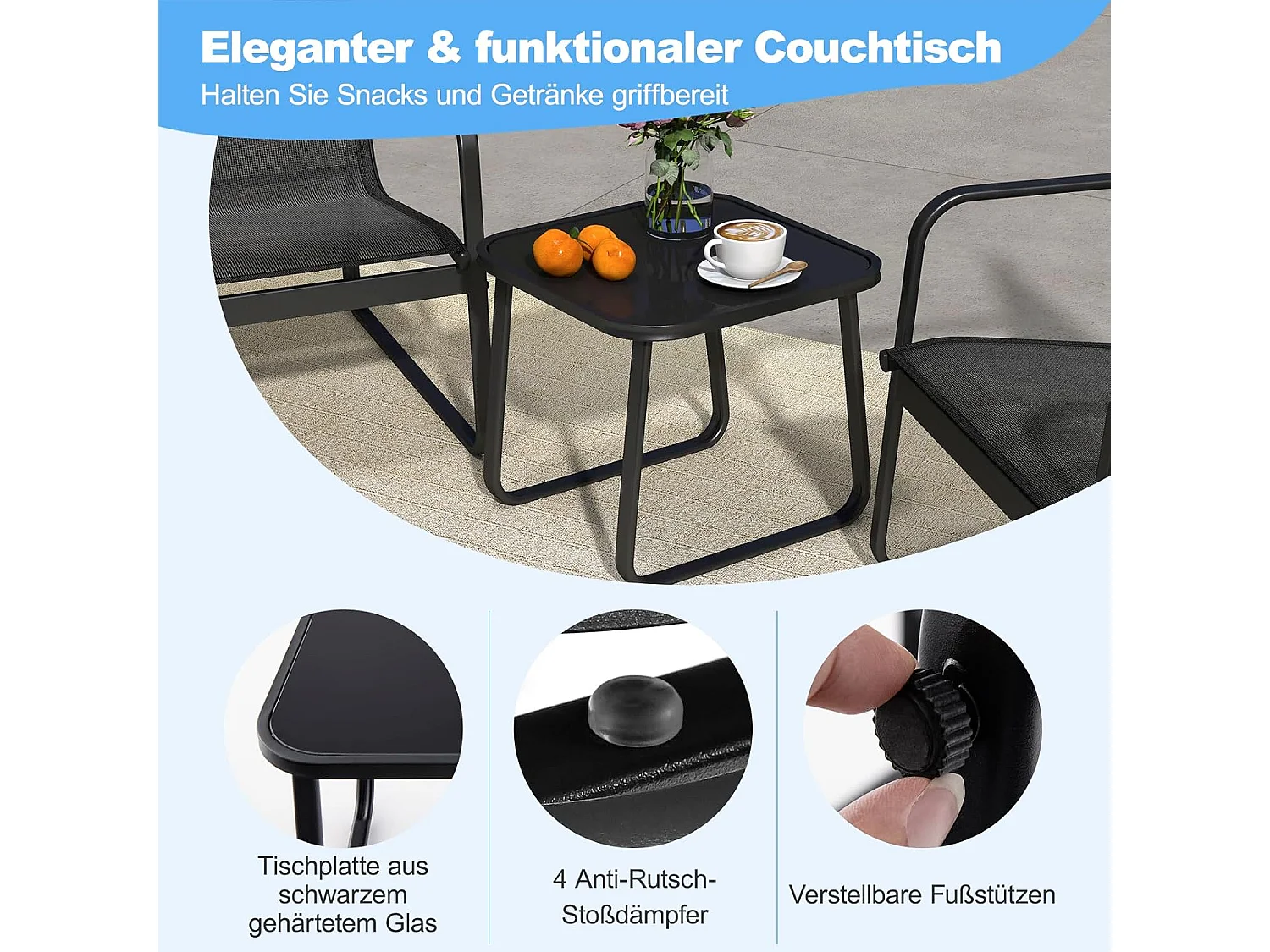 3-delige tuinmeubelset, balkonset met 2 stoelen en tafel, balkonmeubels, terrasmeubels, tuingarnituur, zitgroep voor terras, balkon, tuin (zwart) ZB34446