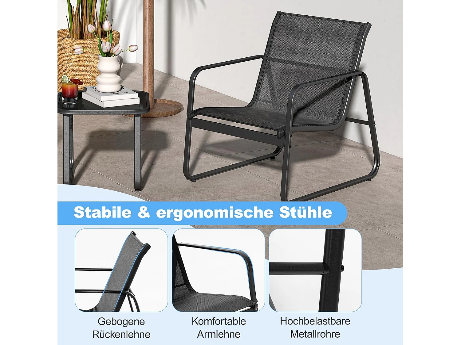 3-delige tuinmeubelset, balkonset met 2 stoelen en tafel, balkonmeubels, terrasmeubels, tuingarnituur, zitgroep voor terras, balkon, tuin (zwart) ZB34446