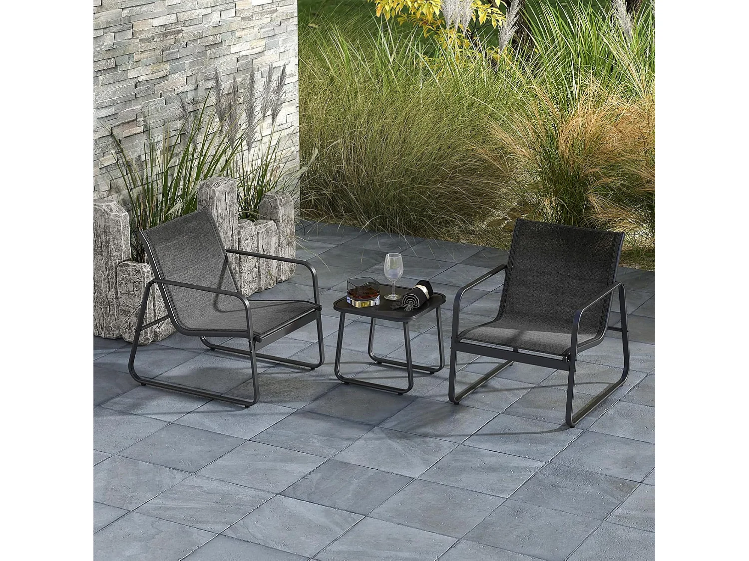 3-delige tuinmeubelset, balkonset met 2 stoelen en tafel, balkonmeubels, terrasmeubels, tuingarnituur, zitgroep voor terras, balkon, tuin (zwart) ZB34446