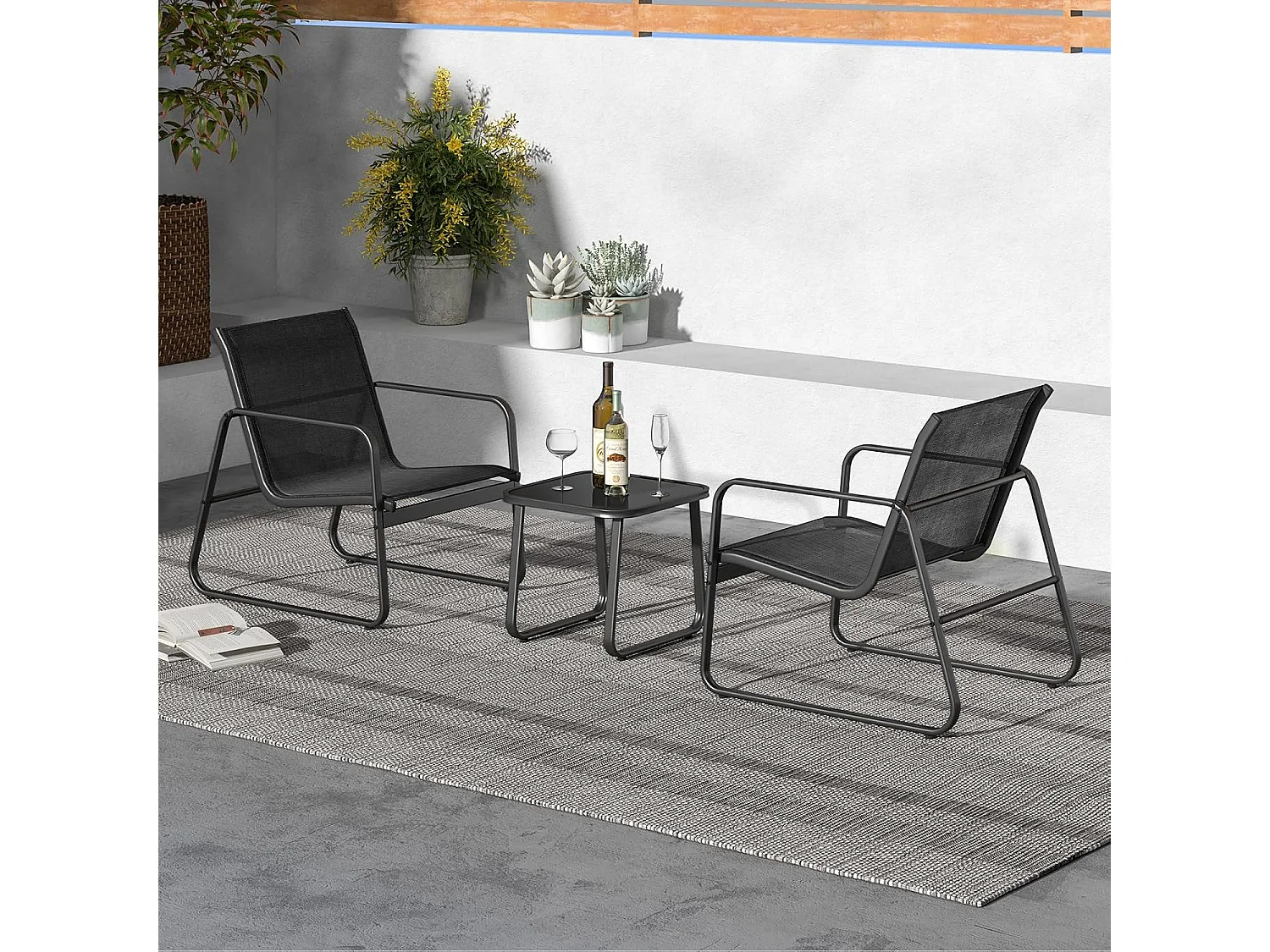 3-delige tuinmeubelset, balkonset met 2 stoelen en tafel, balkonmeubels, terrasmeubels, tuingarnituur, zitgroep voor terras, balkon, tuin (zwart) ZB34446