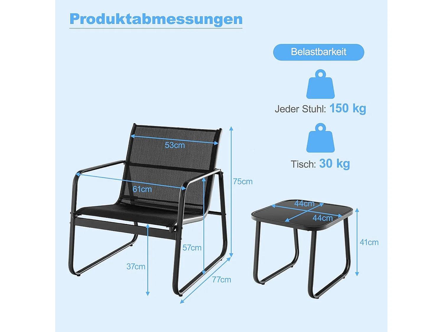 3-delige tuinmeubelset, balkonset met 2 stoelen en tafel, balkonmeubels, terrasmeubels, tuingarnituur, zitgroep voor terras, balkon, tuin (zwart) ZB34446
