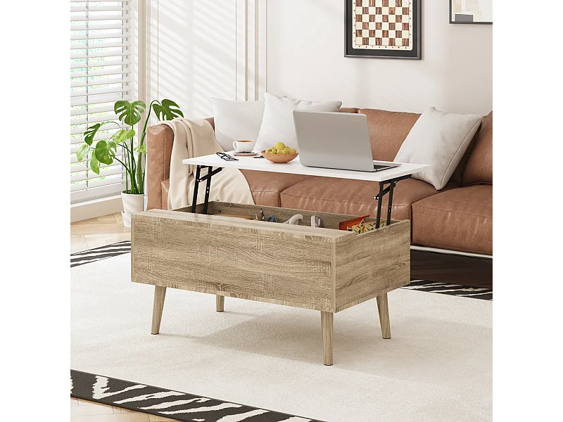 Table Relevable d’Appoint avec Compartiment, Bout de Canapé avec Pieds en Bois, 80 x 48 x 41cm, Salon et Chambre, Naturel