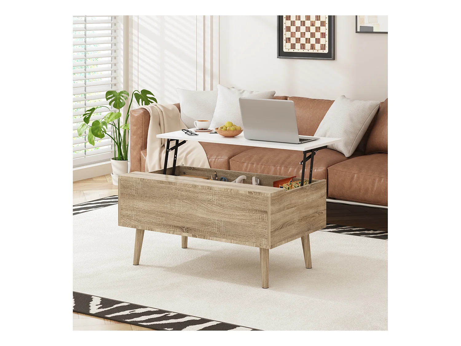 Table Relevable d’Appoint avec Compartiment, Bout de Canapé avec Pieds en Bois, 80 x 48 x 41cm, Salon et Chambre, Naturel
