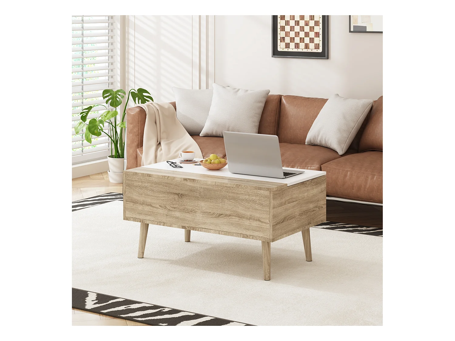 Table Relevable d’Appoint avec Compartiment, Bout de Canapé avec Pieds en Bois, 80 x 48 x 41cm, Salon et Chambre, Naturel