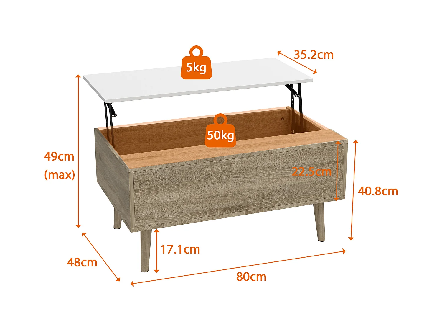 Table Relevable d’Appoint avec Compartiment, Bout de Canapé avec Pieds en Bois, 80 x 48 x 41cm, Salon et Chambre, Naturel