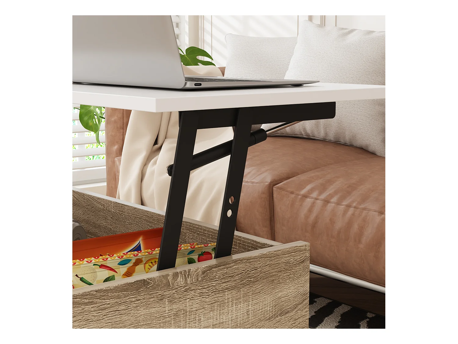 Table Relevable d’Appoint avec Compartiment, Bout de Canapé avec Pieds en Bois, 80 x 48 x 41cm, Salon et Chambre, Naturel