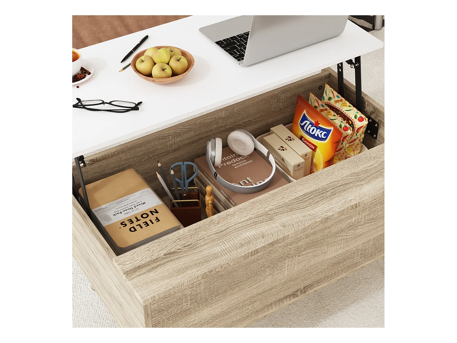 Table Relevable d’Appoint avec Compartiment, Bout de Canapé avec Pieds en Bois, 80 x 48 x 41cm, Salon et Chambre, Naturel