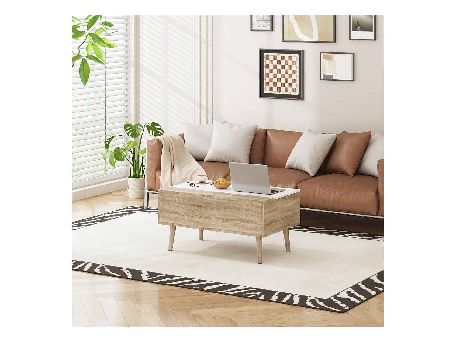 Table Relevable d’Appoint avec Compartiment, Bout de Canapé avec Pieds en Bois, 80 x 48 x 41cm, Salon et Chambre, Naturel